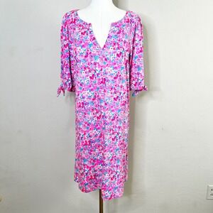 Lilly Pulitzer Shirt Dress Easley Size XL Pink Floral V-Neck Tie Sleeve Shift